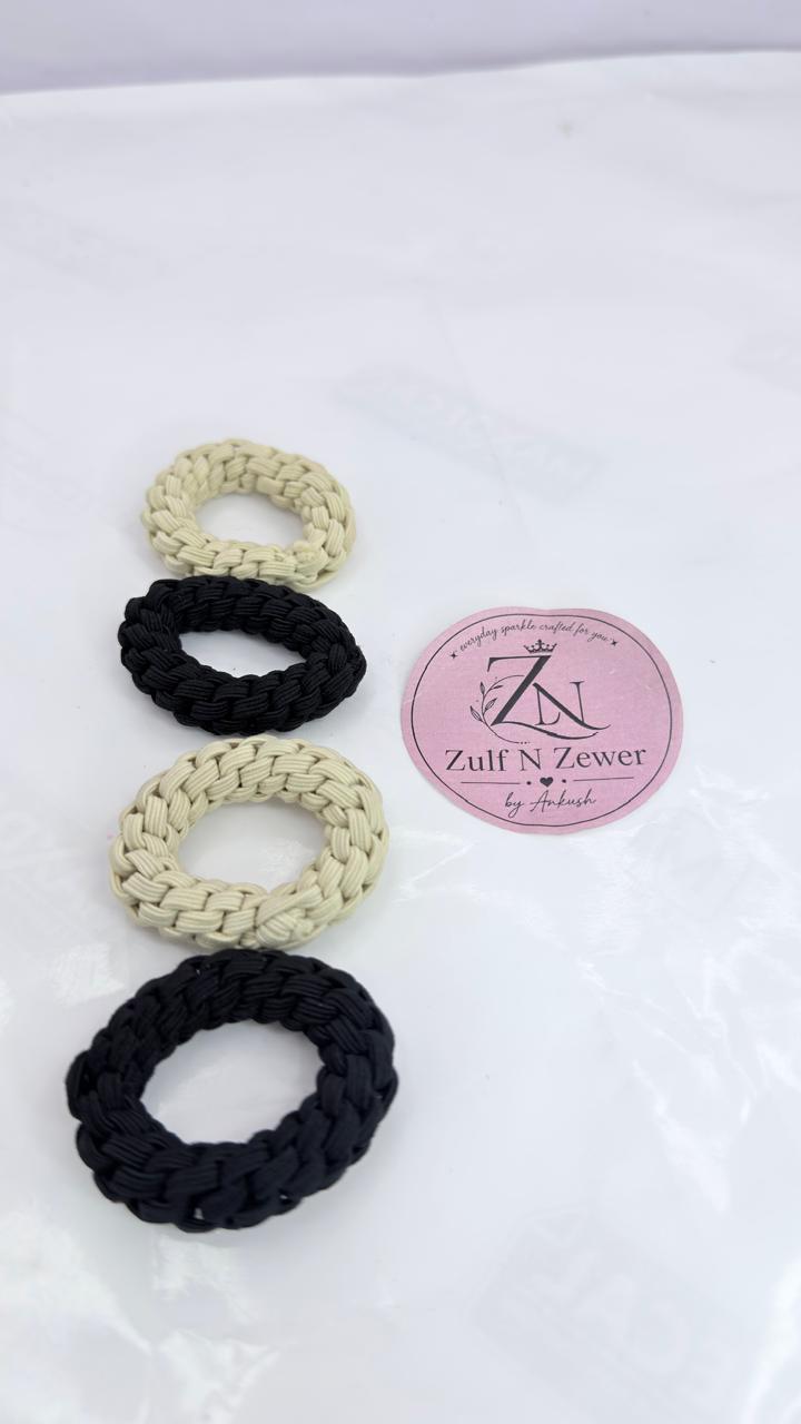 Braided Elastic Hair Ties for Women & Girls – Black & Cream Woven Ponytail Hair Bands | Pack of 4