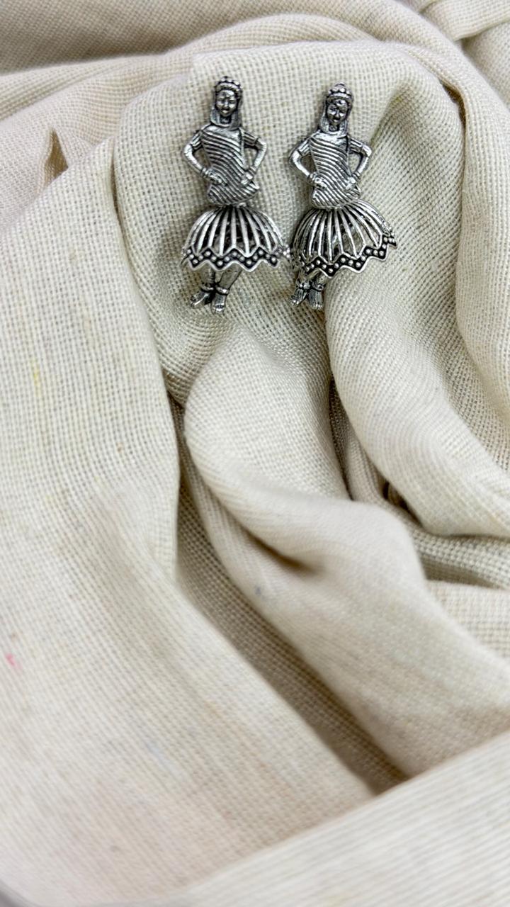 Oxidised Dancing Girl Stud Earrings – Traditional Antique Silver Earrings