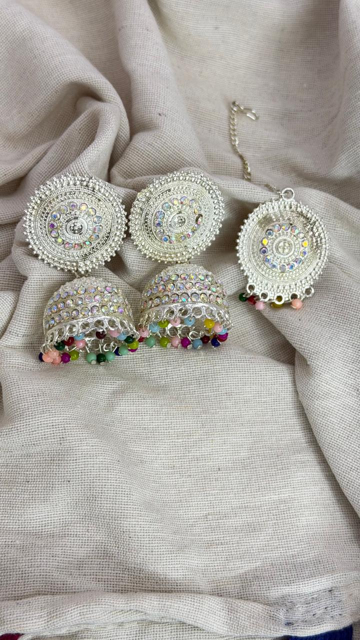 Silver Oxidised Jhumka Earrings with Beads