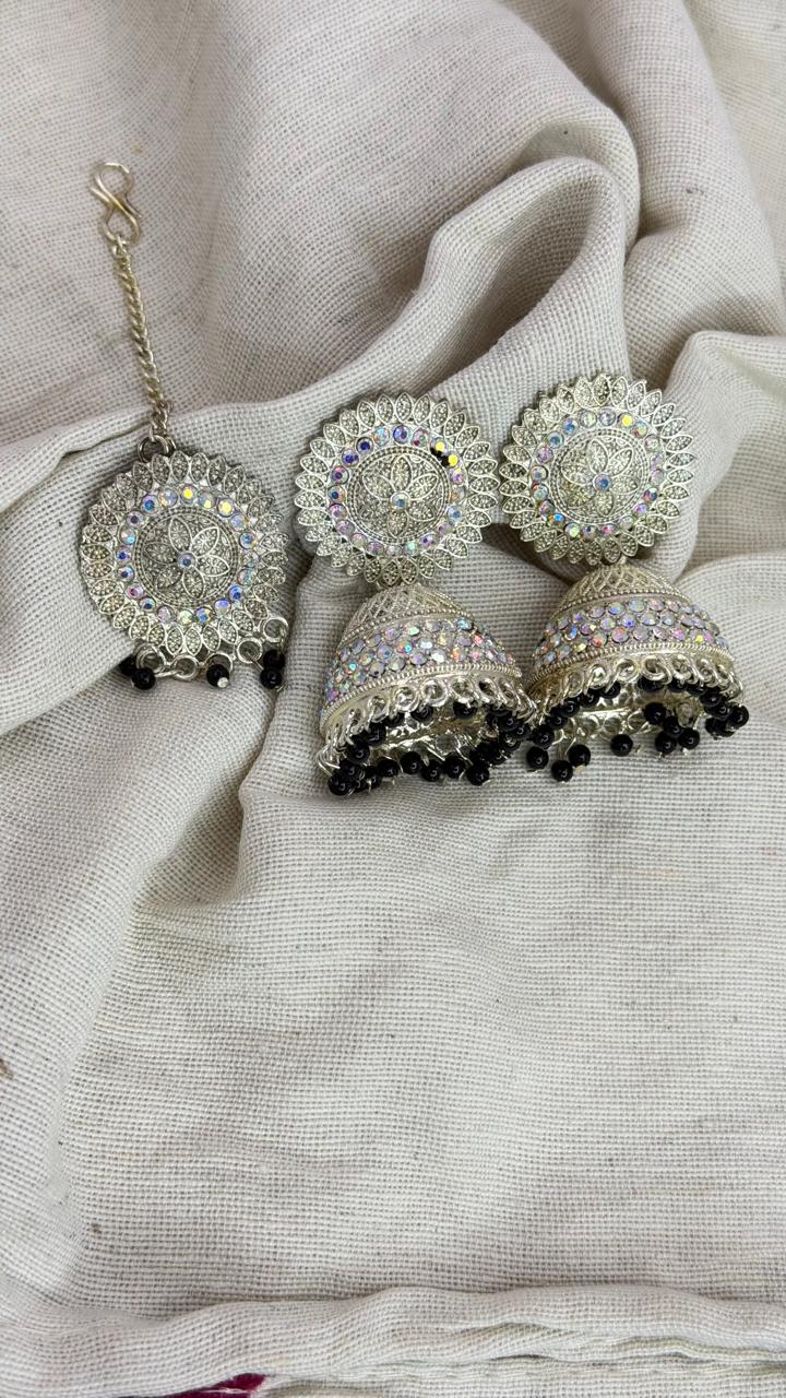 Silver Oxidised Jhumka Earrings with Beads