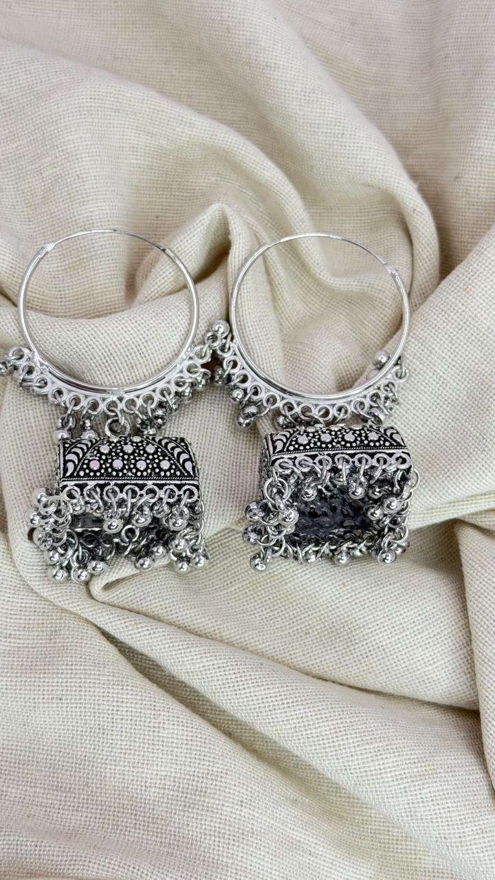Silver Oxidised Hoop Jhumka Earrings