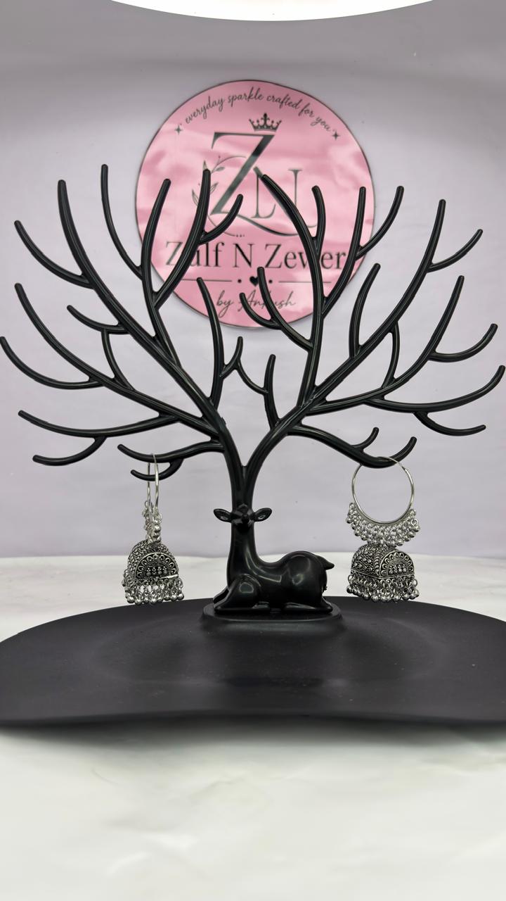 Silver Oxidised Hoop Jhumka Earrings