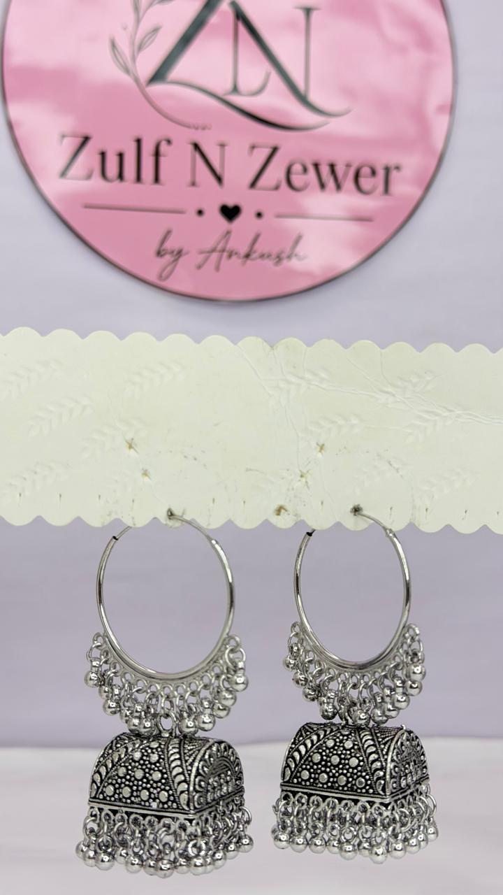 Silver Oxidised Hoop Jhumka Earrings