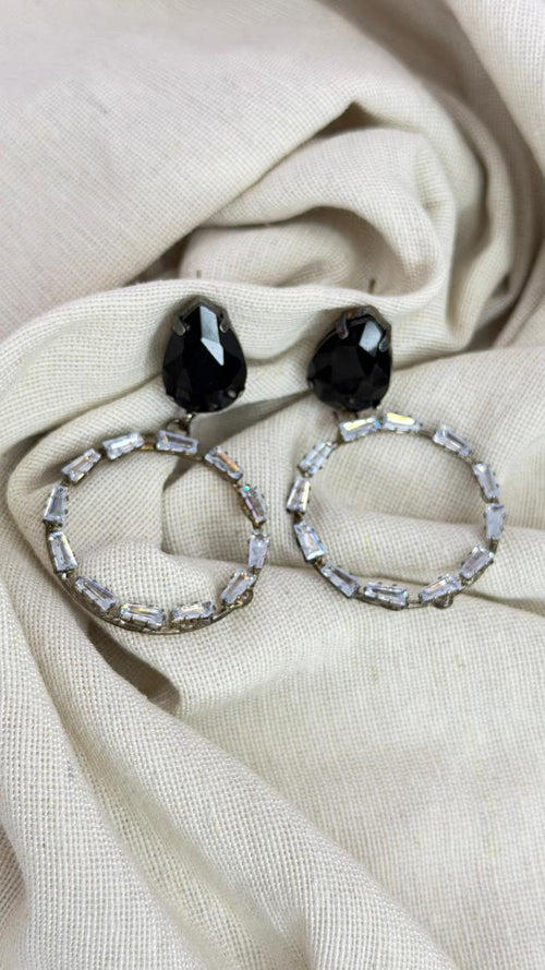 Black Crystal Hoop Drop Earrings for Women | Party Wear Statement Earrings