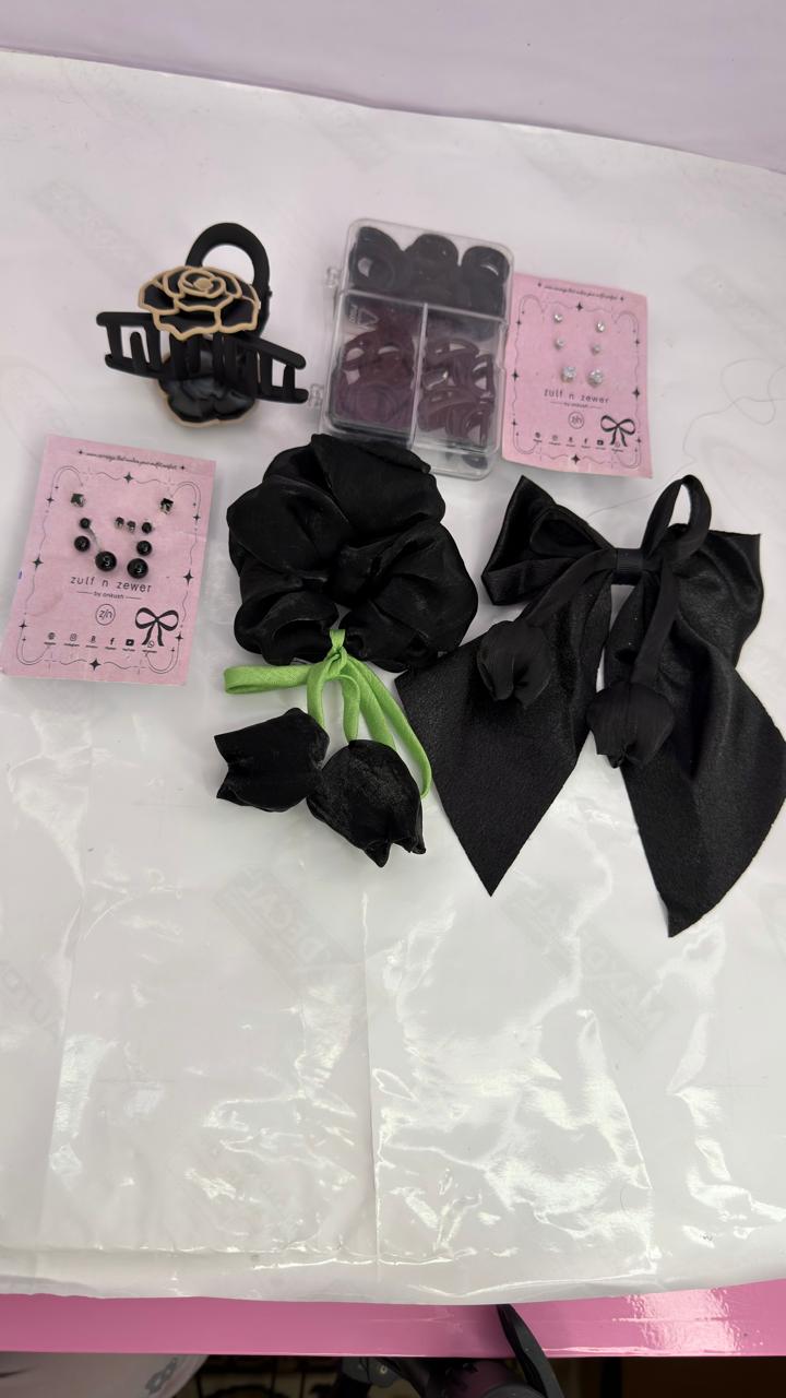 Black Hair Accessories Combo Set – Scrunchies, Hair Bows, Claw Clips & Stud Earrings