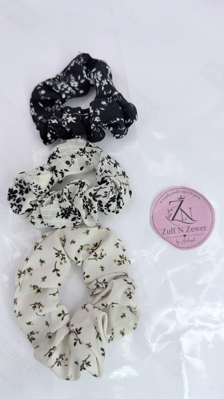 Black & White Floral Cotton Hair Scrunchie