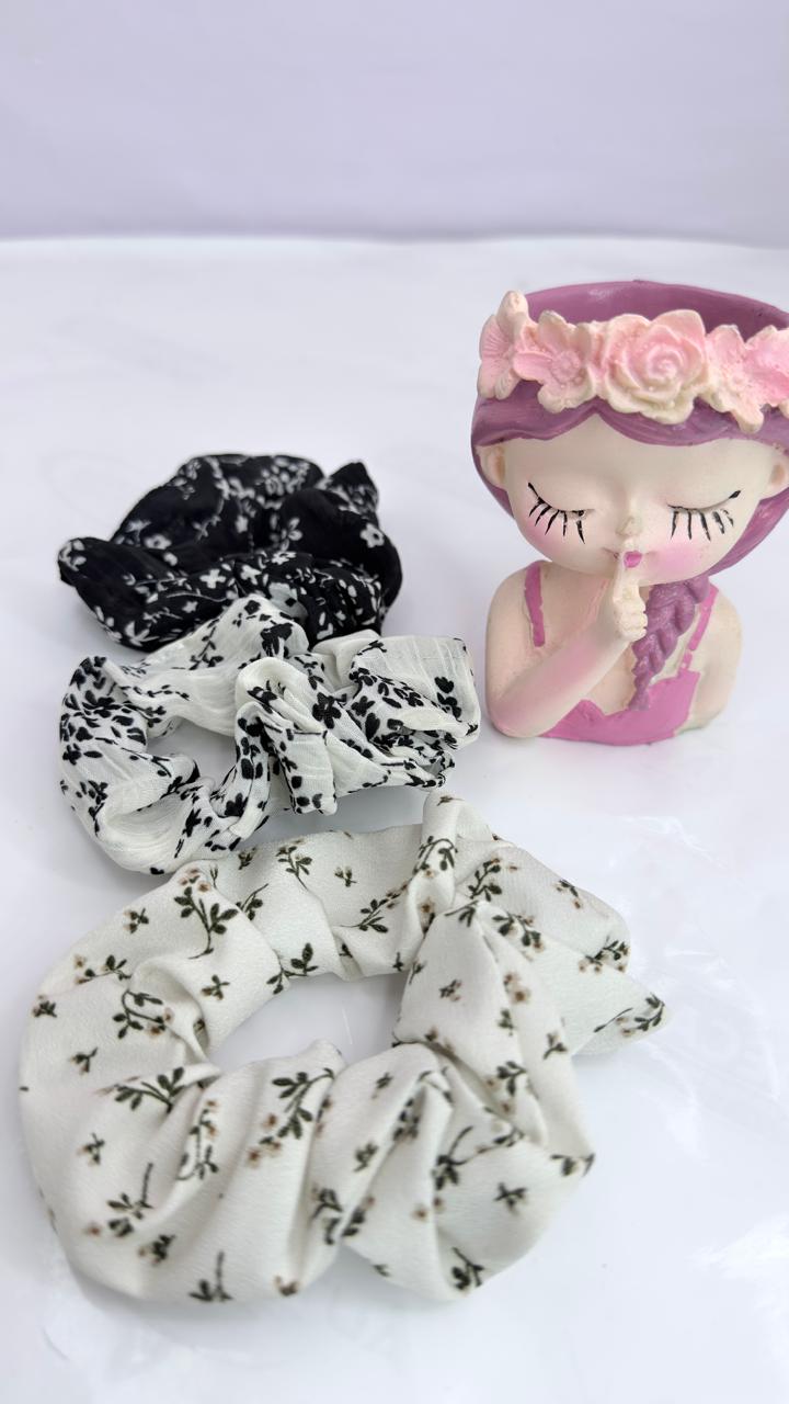 Black & White Floral Cotton Hair Scrunchie
