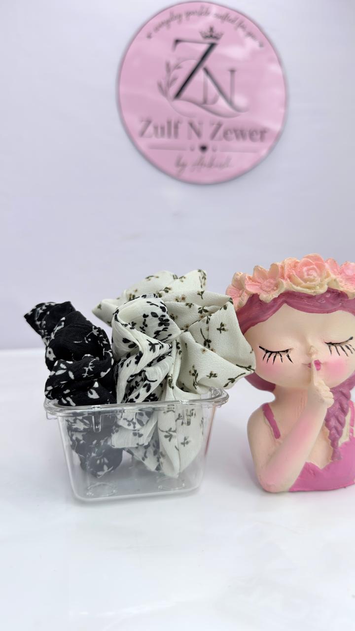 Black & White Floral Cotton Hair Scrunchie