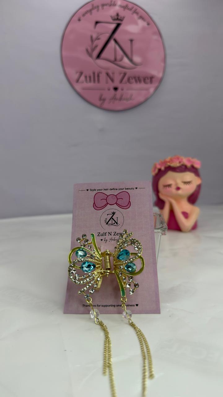 Luxury Blue Crystal Butterfly Hair Claw Clip for Women | Gold Butterfly Hair Accessory