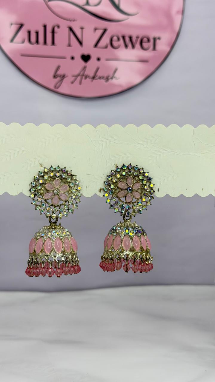 Blush Pink Floral Stone Jhumka Earrings