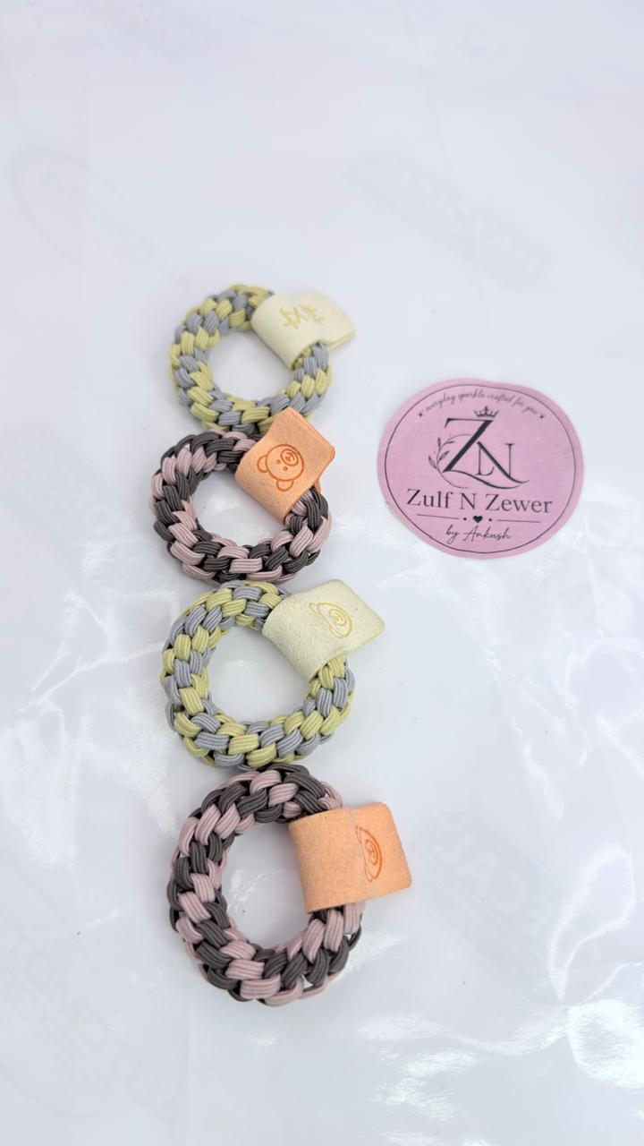 Braided Elastic Hair Ties for Women & Girls – Pastel Yellow Grey & Pink Grey Woven Hair Bands | Pack of 4