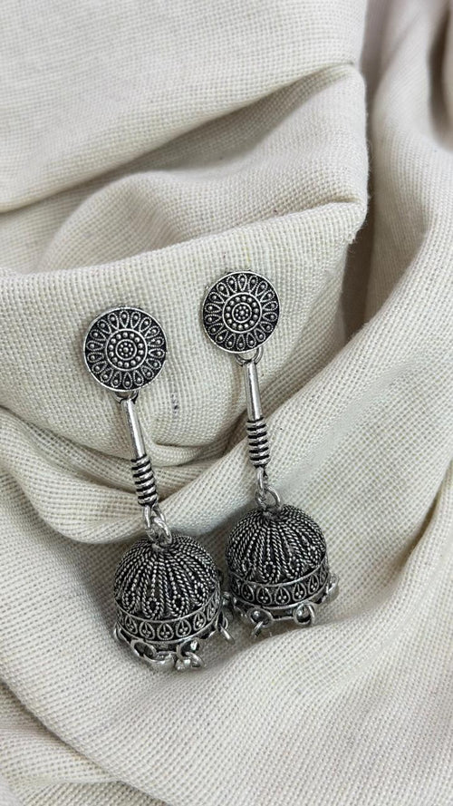 Classic Oxidised Silver Dome Jhumka Earrings | Traditional Ethnic Earrings for Women & Girls