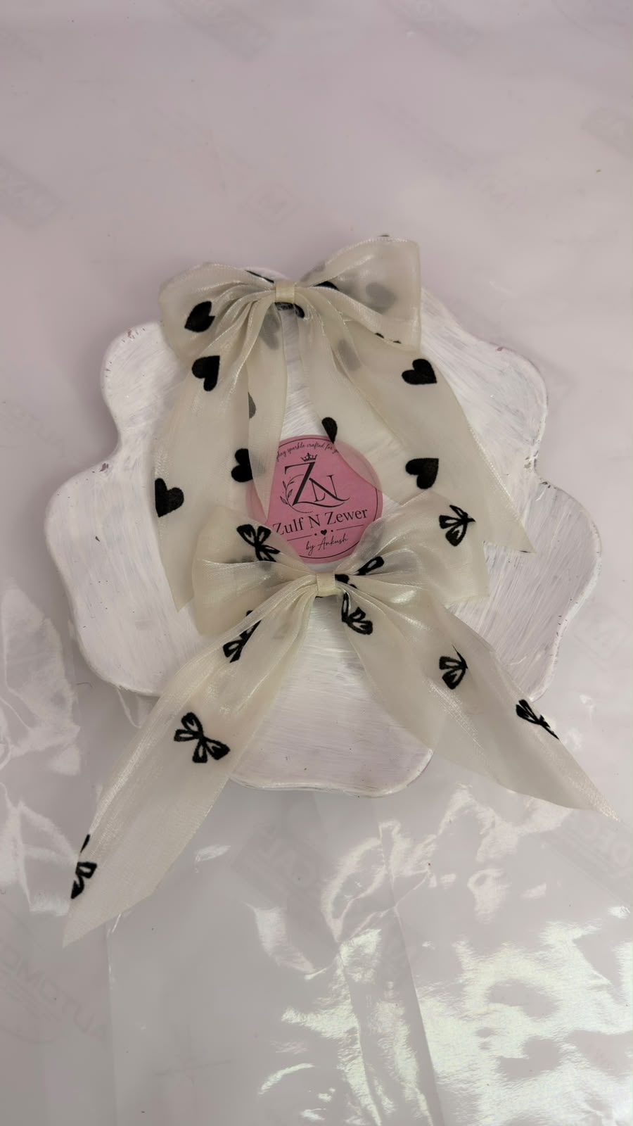 Cream Organza Printed Bow Hair Clip Combo – Heart & Butterfly Design