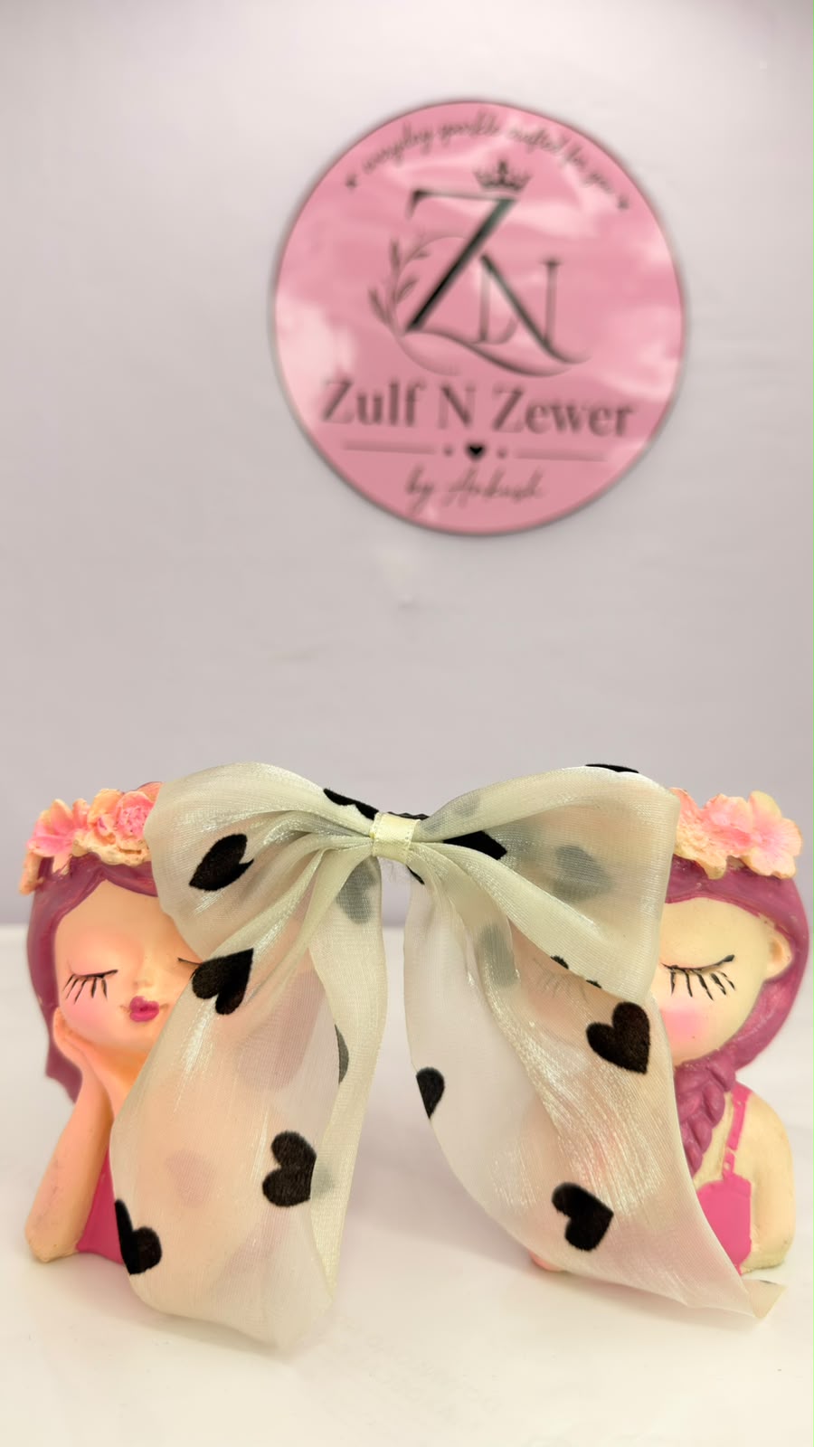 Cream Organza Printed Bow Hair Clip Combo – Heart & Butterfly Design
