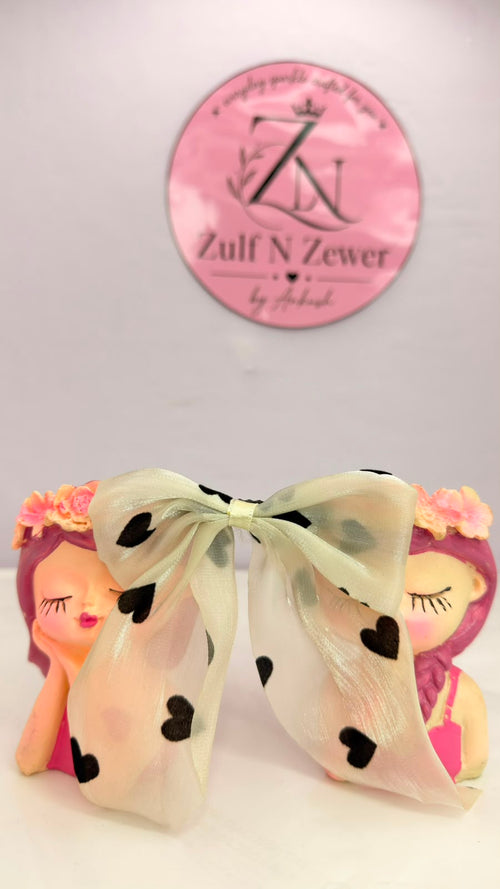 Cream Organza Printed Bow Hair Clip Combo – Heart & Butterfly Design