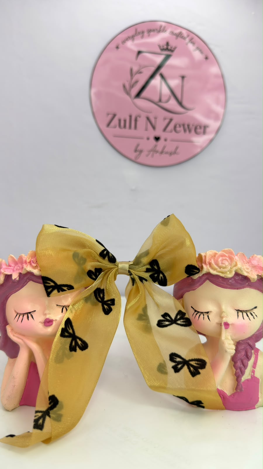 Cream Organza Printed Bow Hair Clip Combo – Heart & Butterfly Design