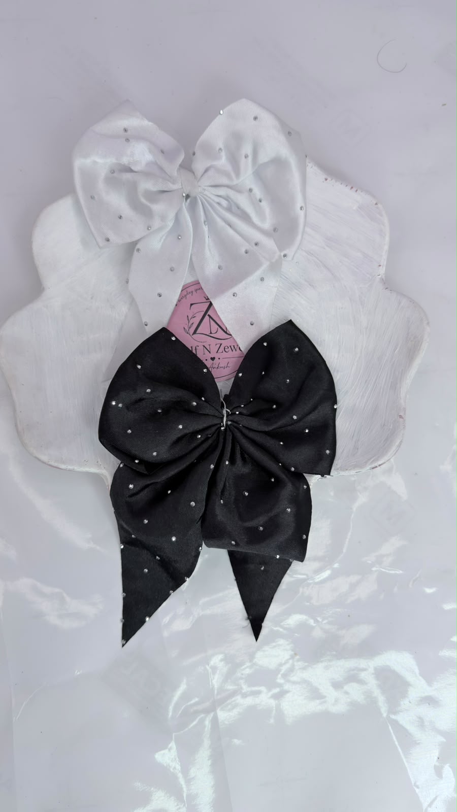 Crystal Embellished Chiffon Hair Bow Clip Combo Set | Black & White Long Tail Hair Accessories for Women & Girls (Pack of 2)