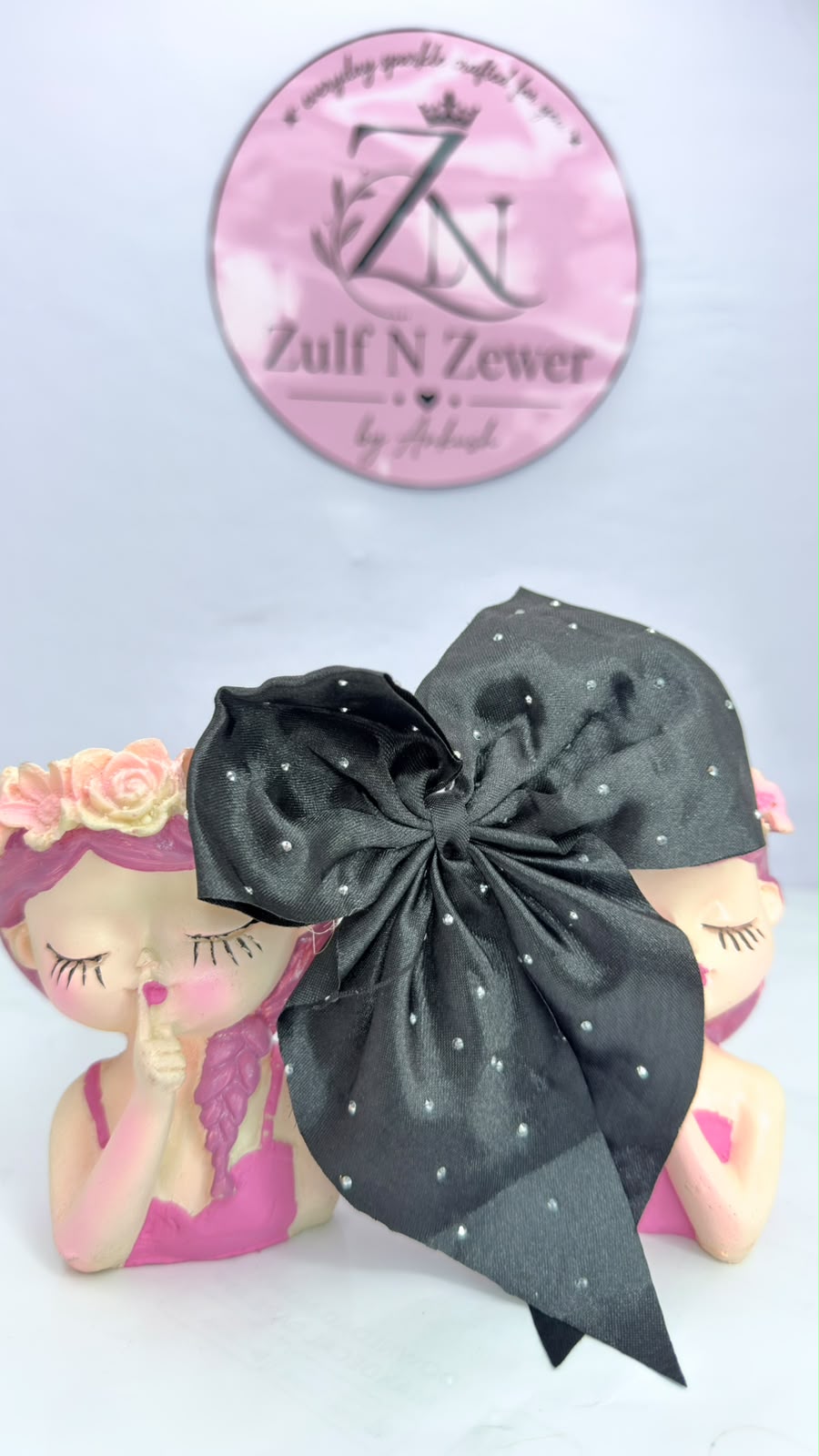 Crystal Embellished Chiffon Hair Bow Clip Combo Set | Black & White Long Tail Hair Accessories for Women & Girls (Pack of 2)