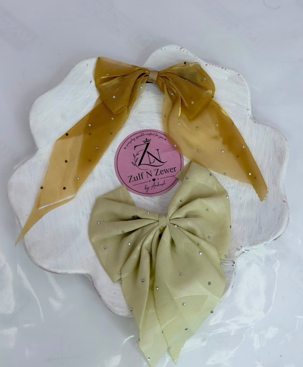 Crystal Embellished Chiffon Hair Bow Clip Combo Set | Long Tail Bow Hair Accessories for Women & Girls (Pack of 2)