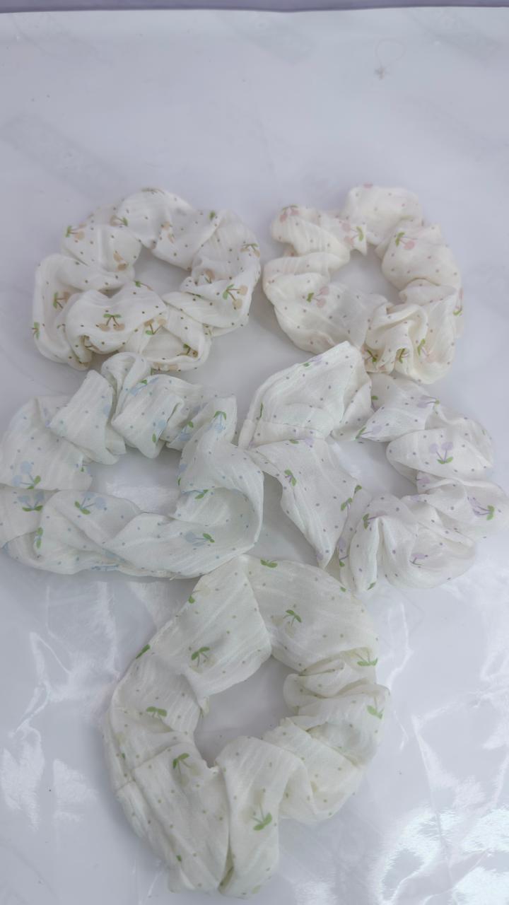 Cute Cherry Print Cotton Hair Scrunchie (Pack Of 5)