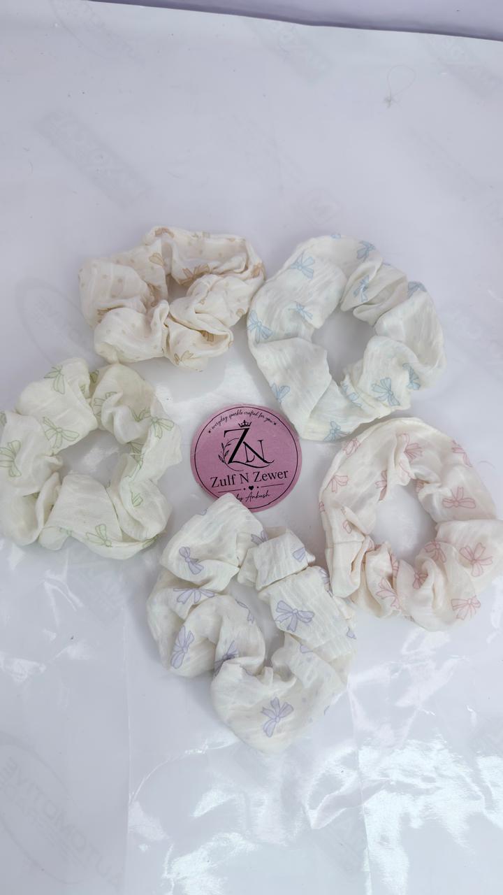Cute Ribbon Print Cotton Hair Scrunchie (Pack Of 5)