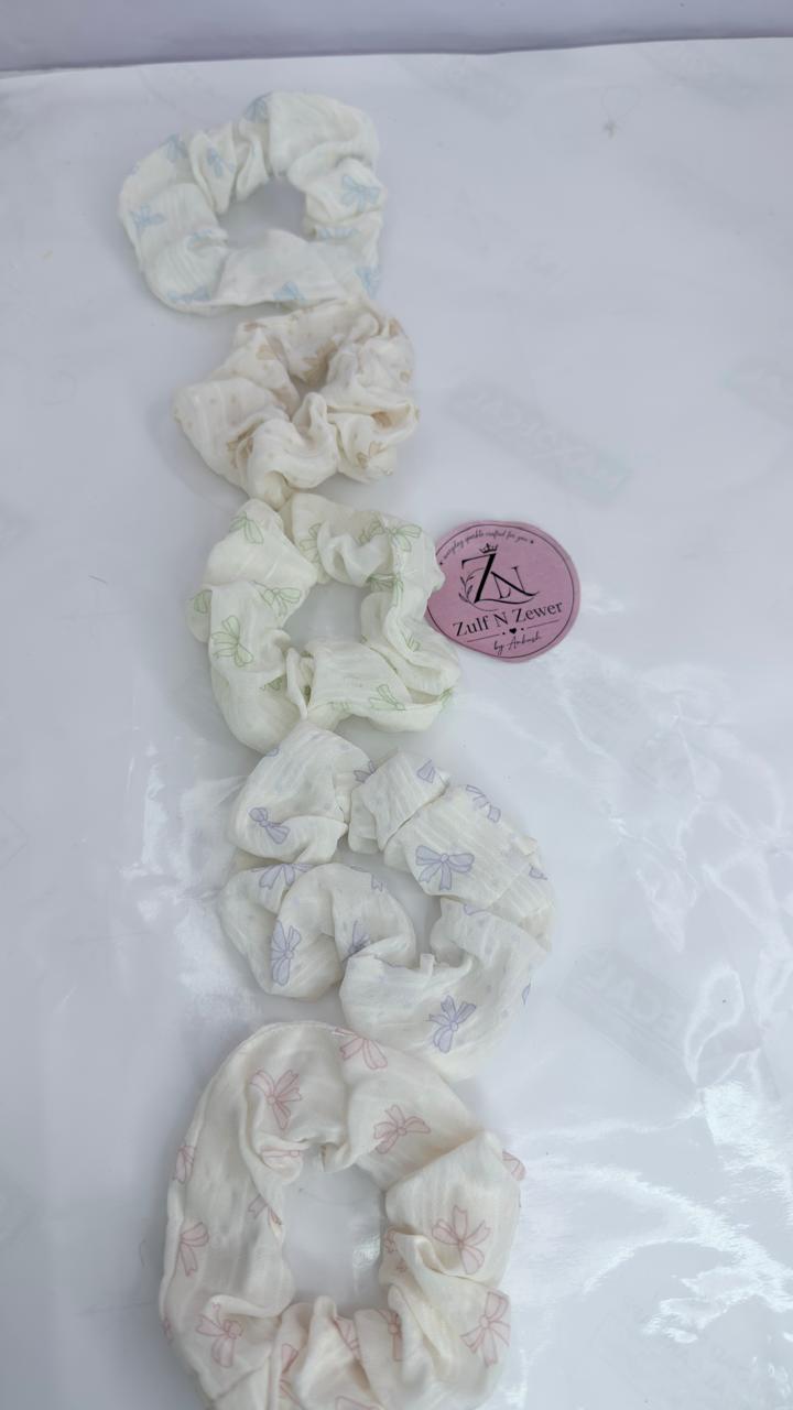 Cute Ribbon Print Cotton Hair Scrunchie (Pack Of 5)