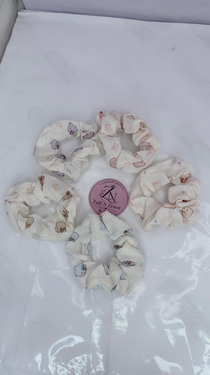 Cute Teddy Print Cotton Hair Scrunchie (Pack Of 5)