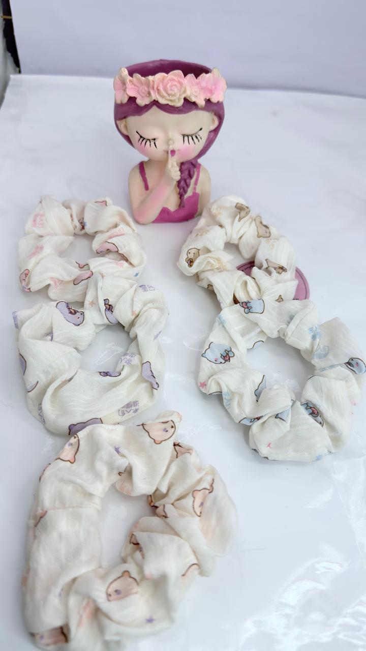 Cute Teddy Print Cotton Hair Scrunchie (Pack Of 5)