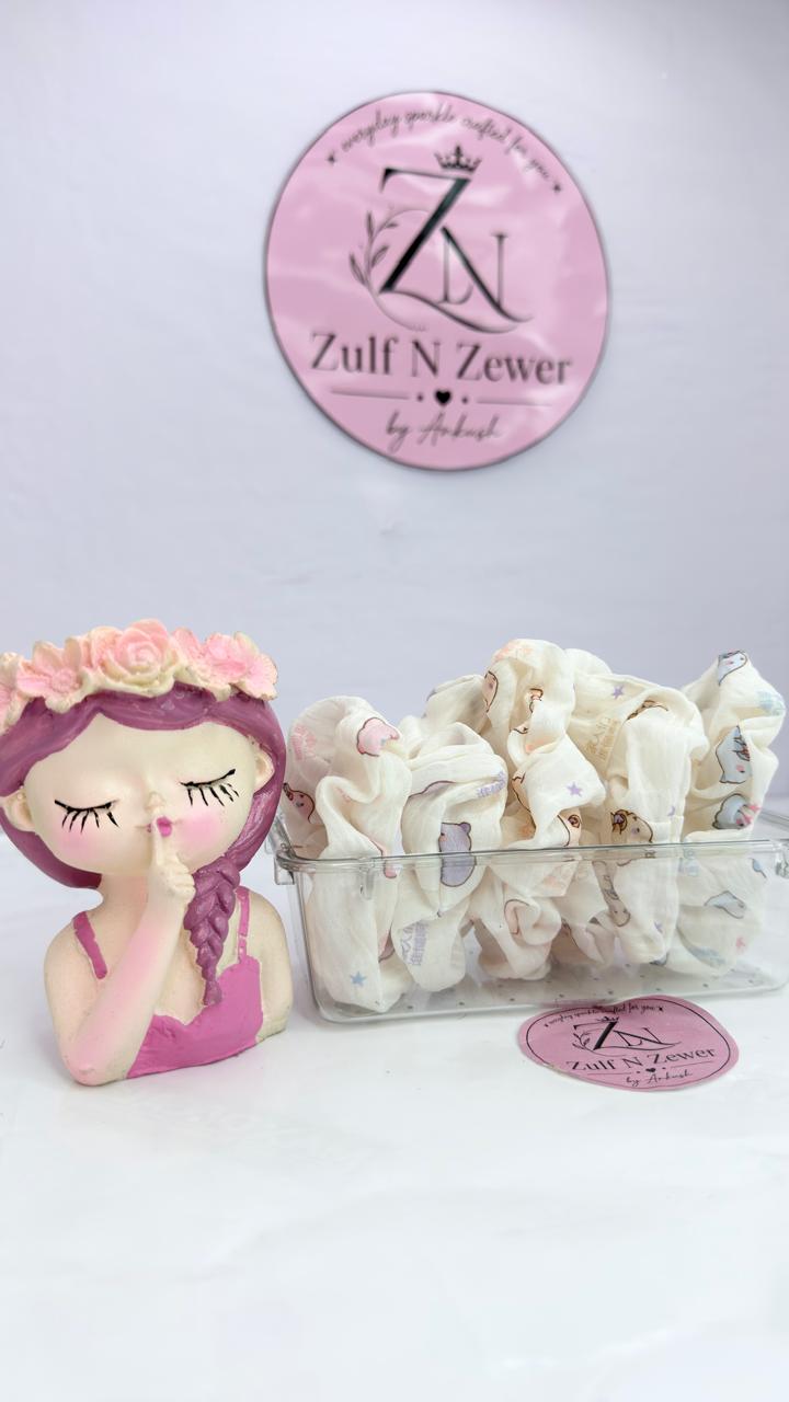 Cute Teddy Print Cotton Hair Scrunchie (Pack Of 5)