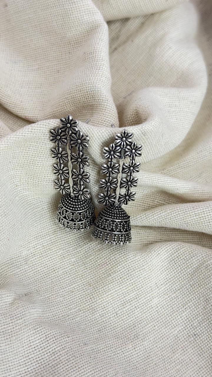 Floral Oxidised Silver Jhumka Earrings | Traditional Ethnic Drop Earrings for Women & Girls