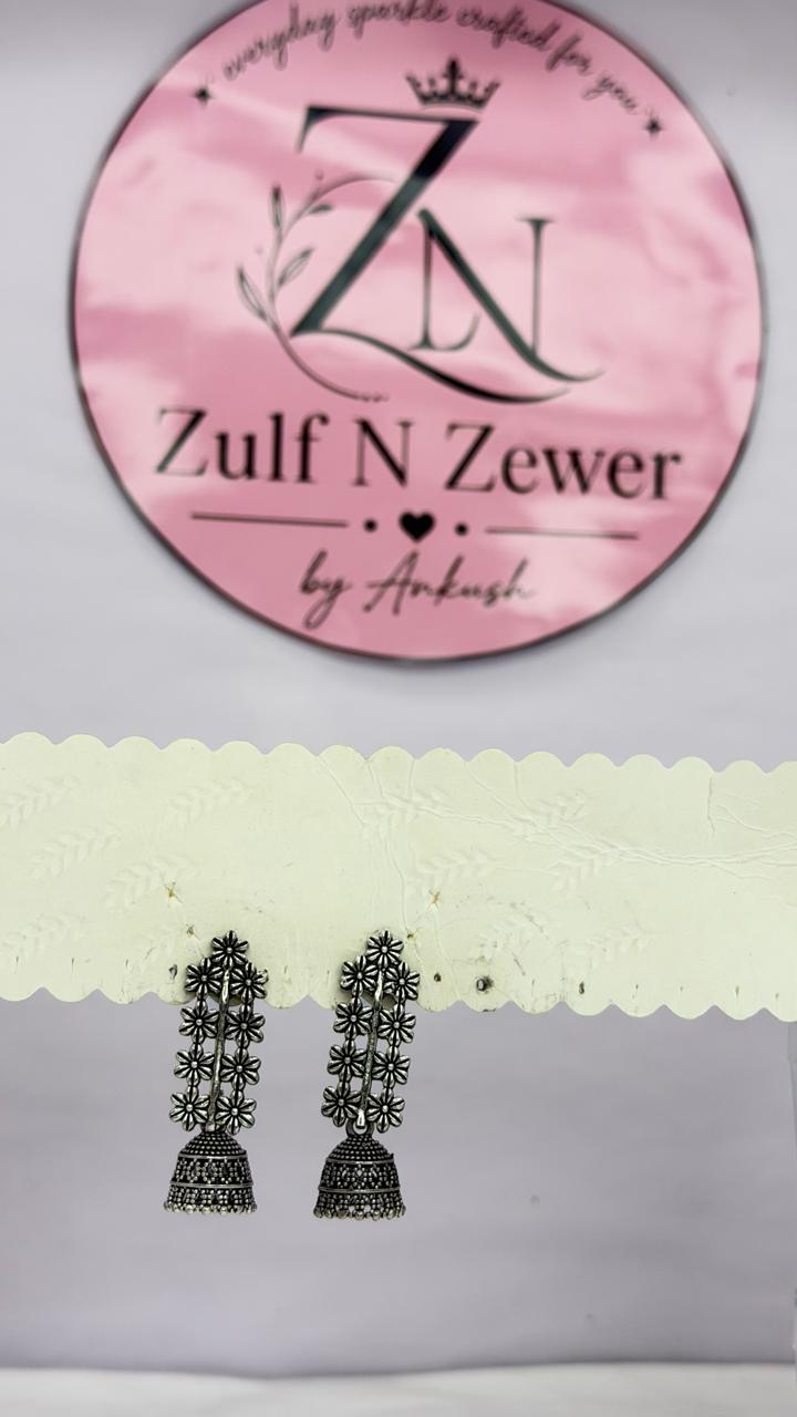 Floral Oxidised Silver Jhumka Earrings | Traditional Ethnic Drop Earrings for Women & Girls