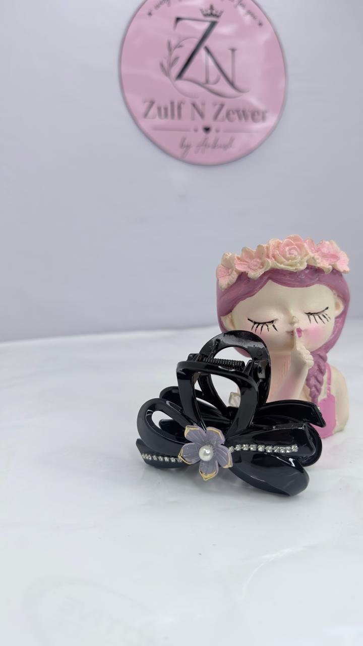 Elegant Black Bow Hair Claw Clip with Pearl Flower & Rhinestone | Hair Accessory for Women & Girls