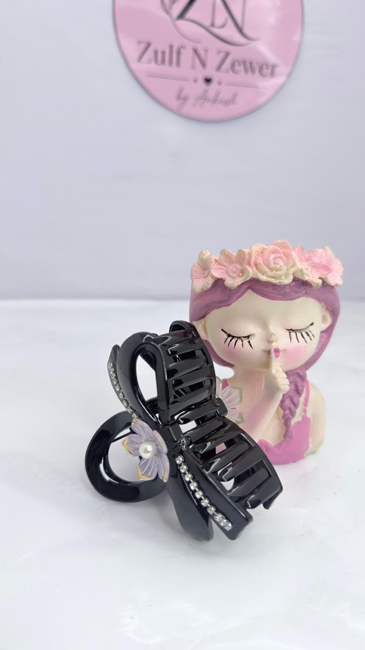 Elegant Black Bow Hair Claw Clip with Pearl Flower & Rhinestone | Hair Accessory for Women & Girls