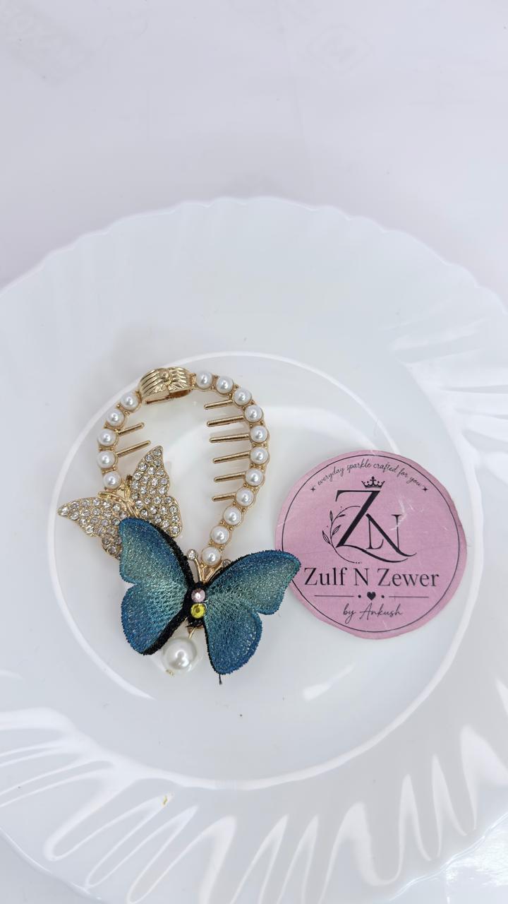 Gold Blue Butterfly Pearl Hair Clip | Elegant Rhinestone & Pearl Hair Accessory for Women & Girls