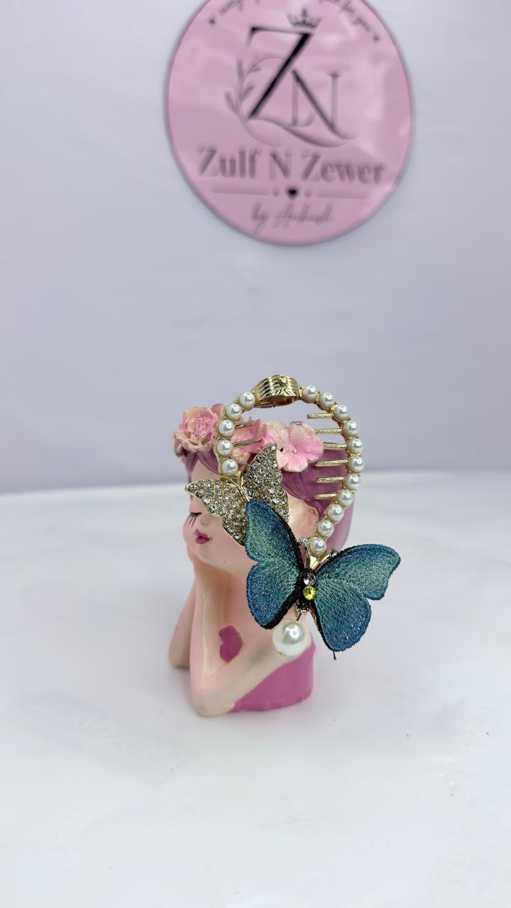 Gold Blue Butterfly Pearl Hair Clip | Elegant Rhinestone & Pearl Hair Accessory for Women & Girls