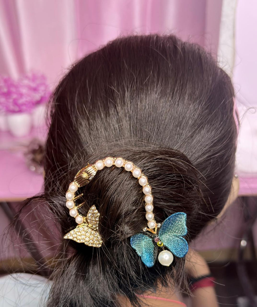 Gold Blue Butterfly Pearl Hair Clip | Elegant Rhinestone & Pearl Hair Accessory for Women & Girls