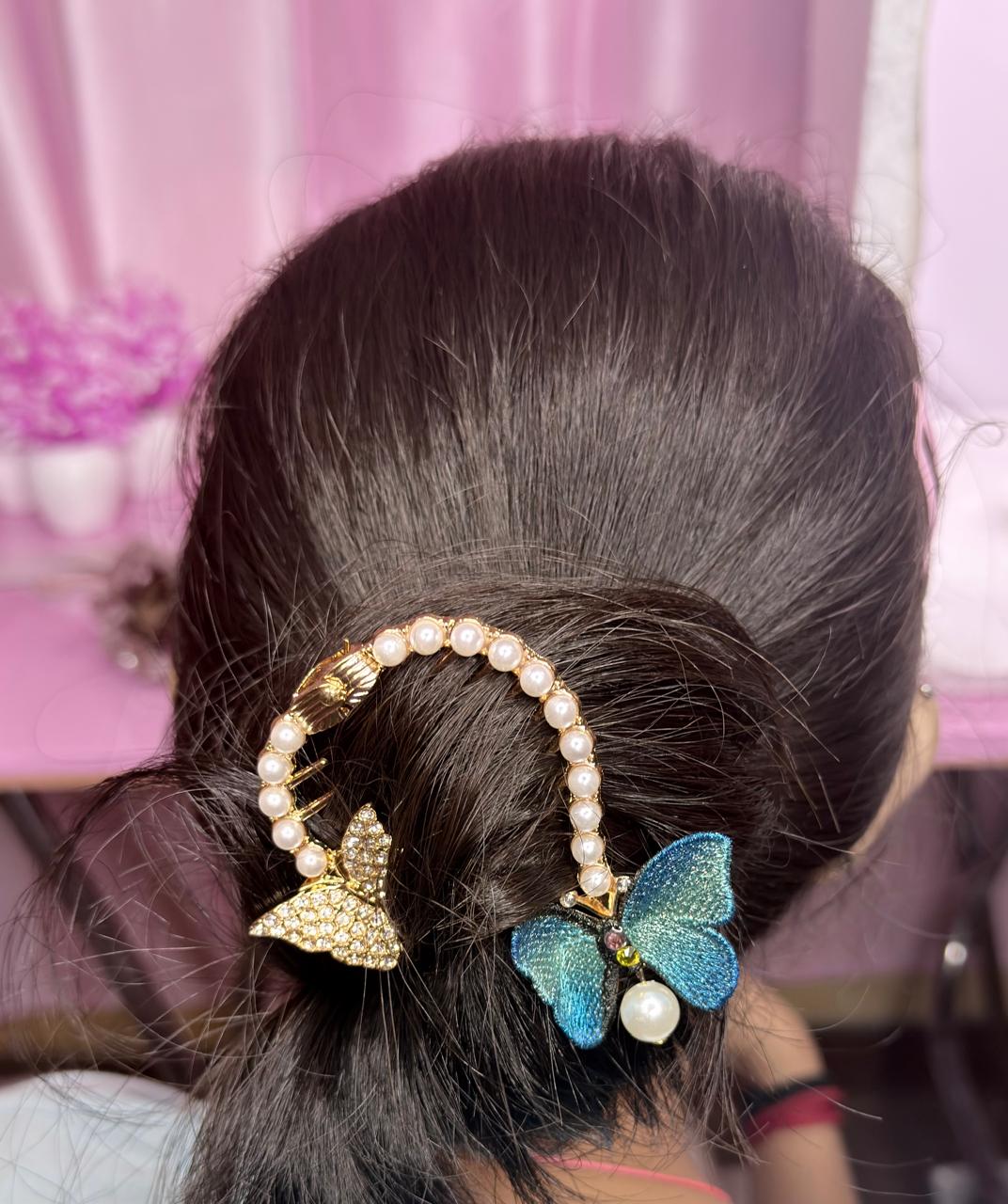 Gold Blue Butterfly Pearl Hair Clip | Elegant Rhinestone & Pearl Hair Accessory for Women & Girls
