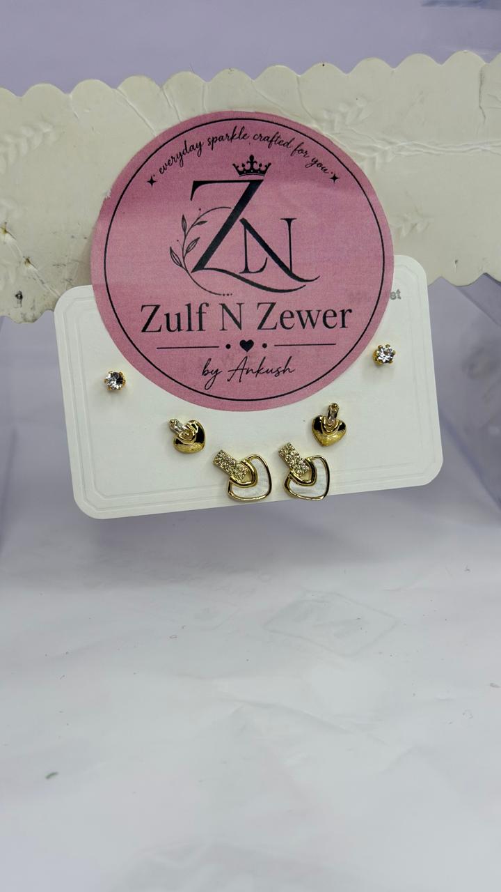 Gold-Tone Stud Earrings Collection – Heart, Star & Elegant Crystal Designs (Pack of 1)