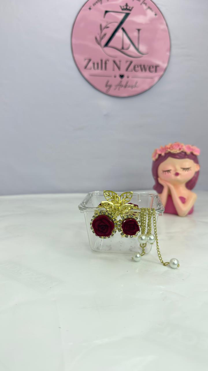 Gold Red Rose Butterfly Hair Claw Clip with Pearl Hanging Chains for Women & Girls