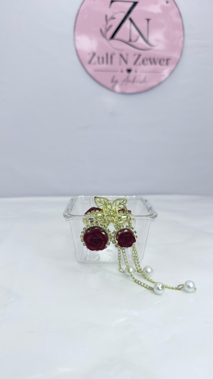 Gold Red Rose Butterfly Hair Claw Clip with Pearl Hanging Chains for Women & Girls