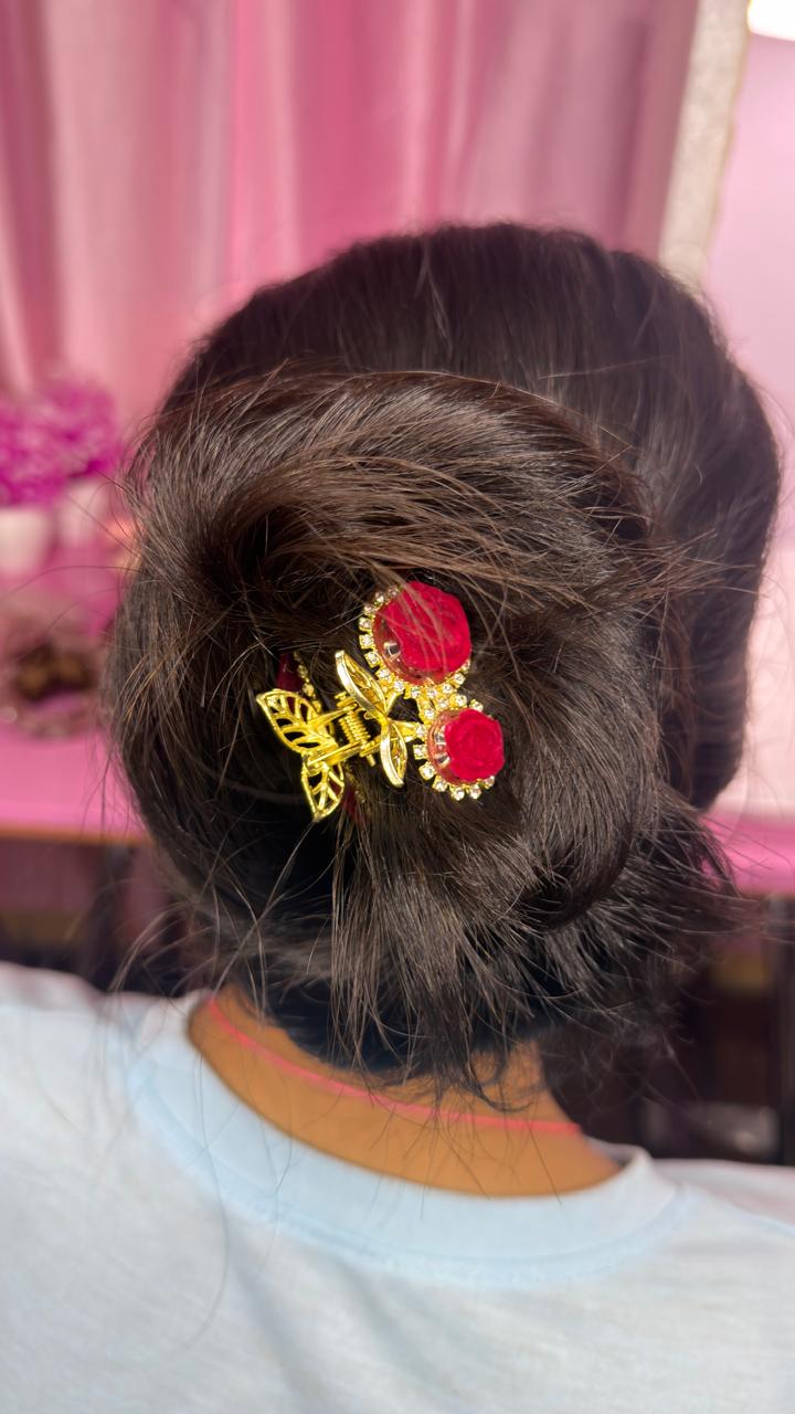 Gold Red Rose Butterfly Hair Claw Clip with Pearl Hanging Chains for Women & Girls