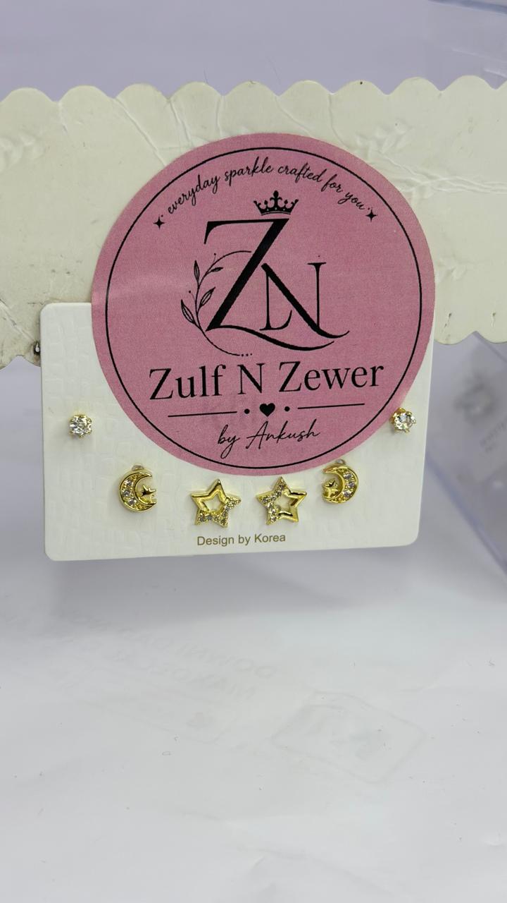 Gold-Tone Stud Earrings Collection – Heart, Star & Elegant Crystal Designs (Pack of 1)