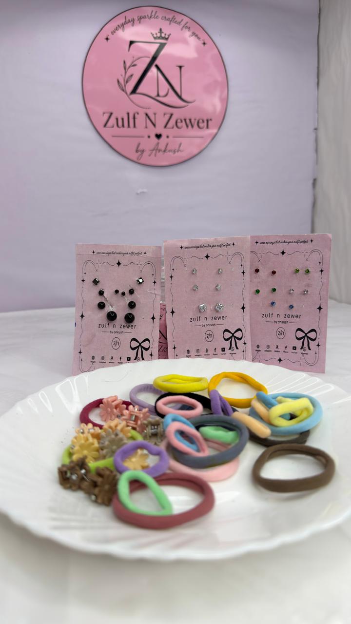 Kids Hair Accessories Combo Set – Colorful Hair Ties, Clips & Cute Stud Earrings