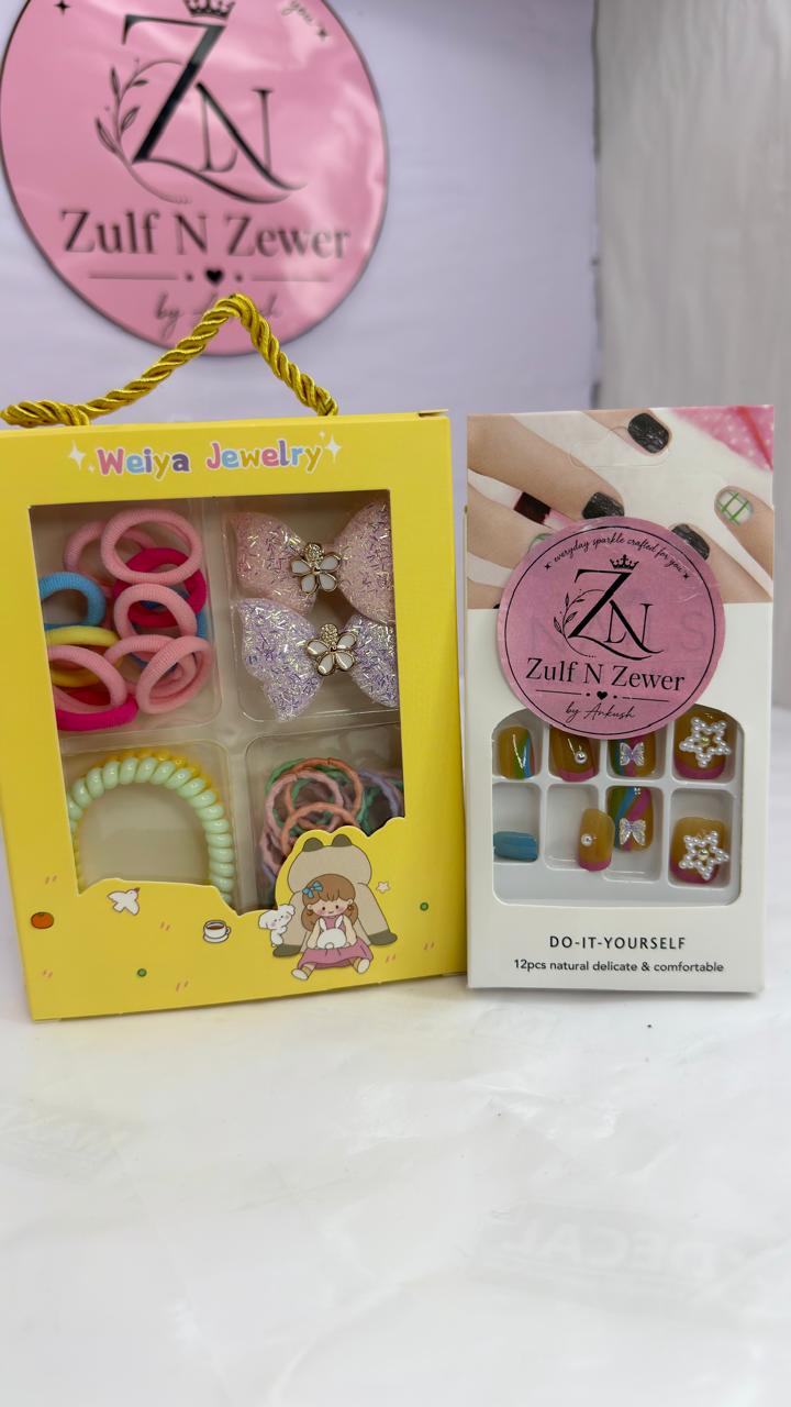 Kids Hair Accessories Box & 12pcs DIY Press-On Nail Set Combo