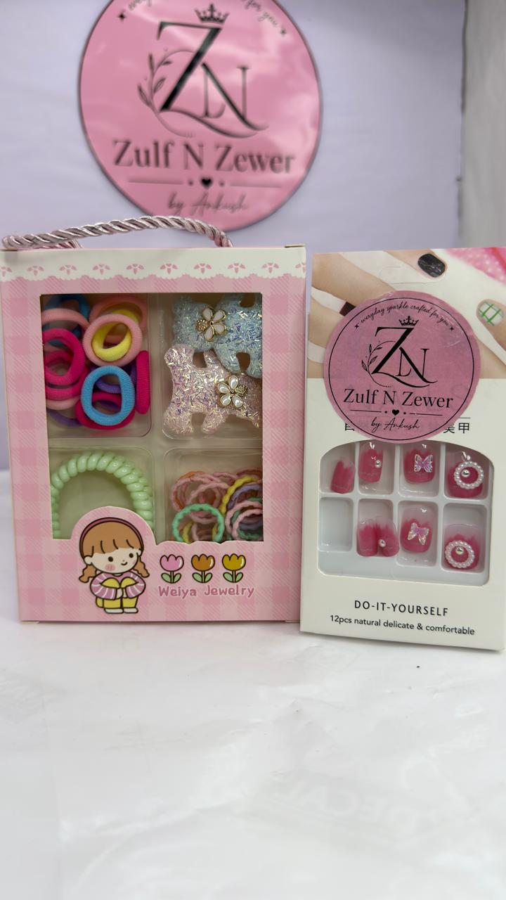 Kids Hair Accessories Box & 12pcs DIY Press-On Nail Set Combo