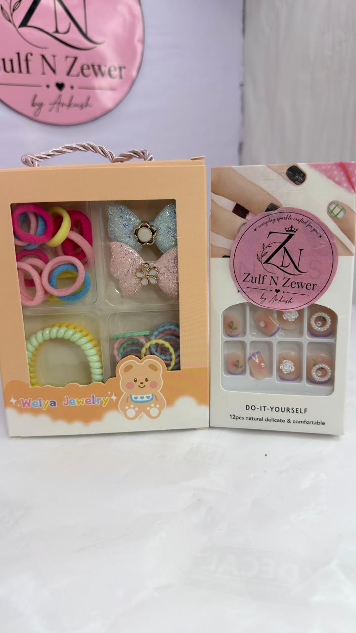 Kids Hair Accessories Box & 12pcs DIY Press-On Nail Set Combo