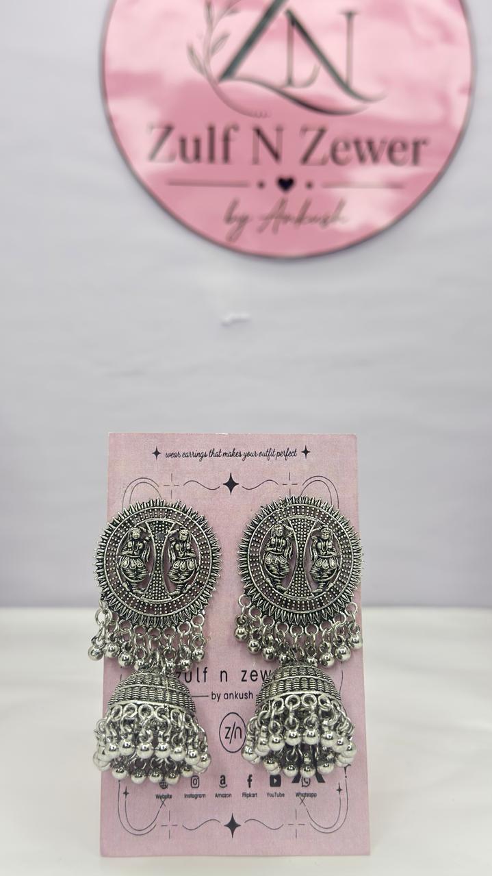 Lakshmi Temple Oxidised Silver Statement Jhumka Earrings for Women