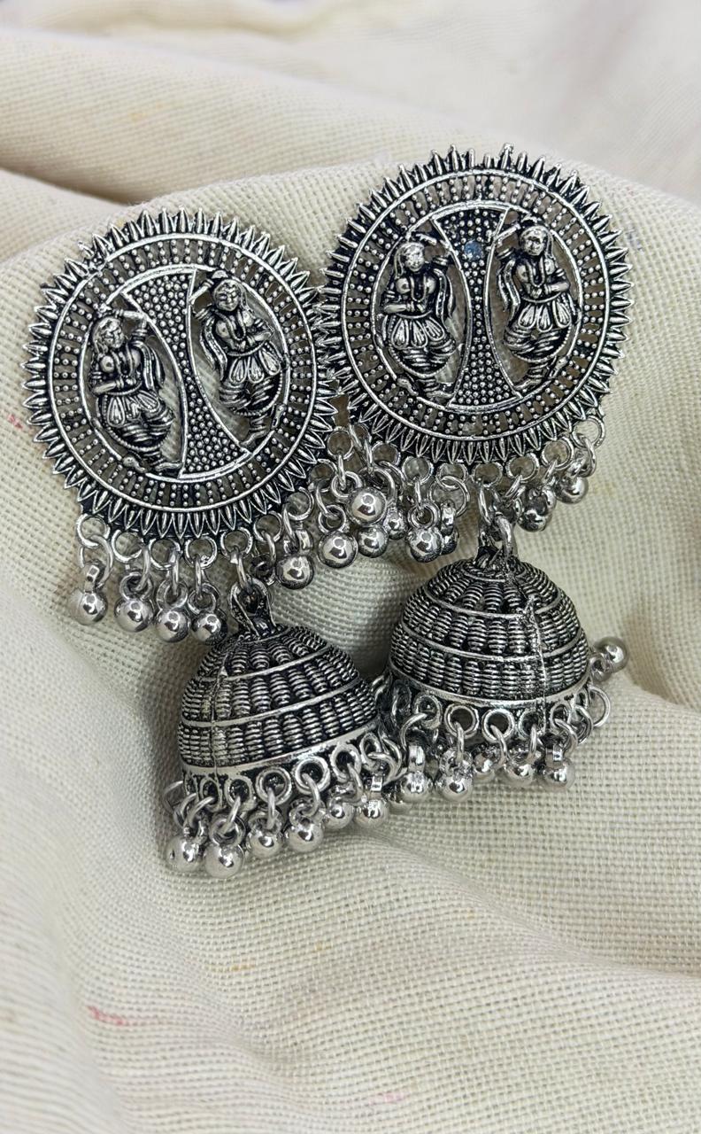 Lakshmi Temple Oxidised Silver Statement Jhumka Earrings for Women
