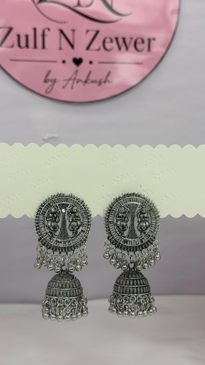 Lakshmi Temple Oxidised Silver Statement Jhumka Earrings for Women