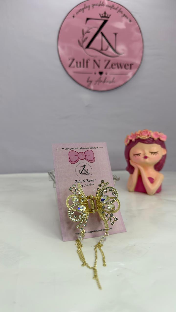 Luxury Crystal Butterfly Hair Claw Clip with Pearl Tassels